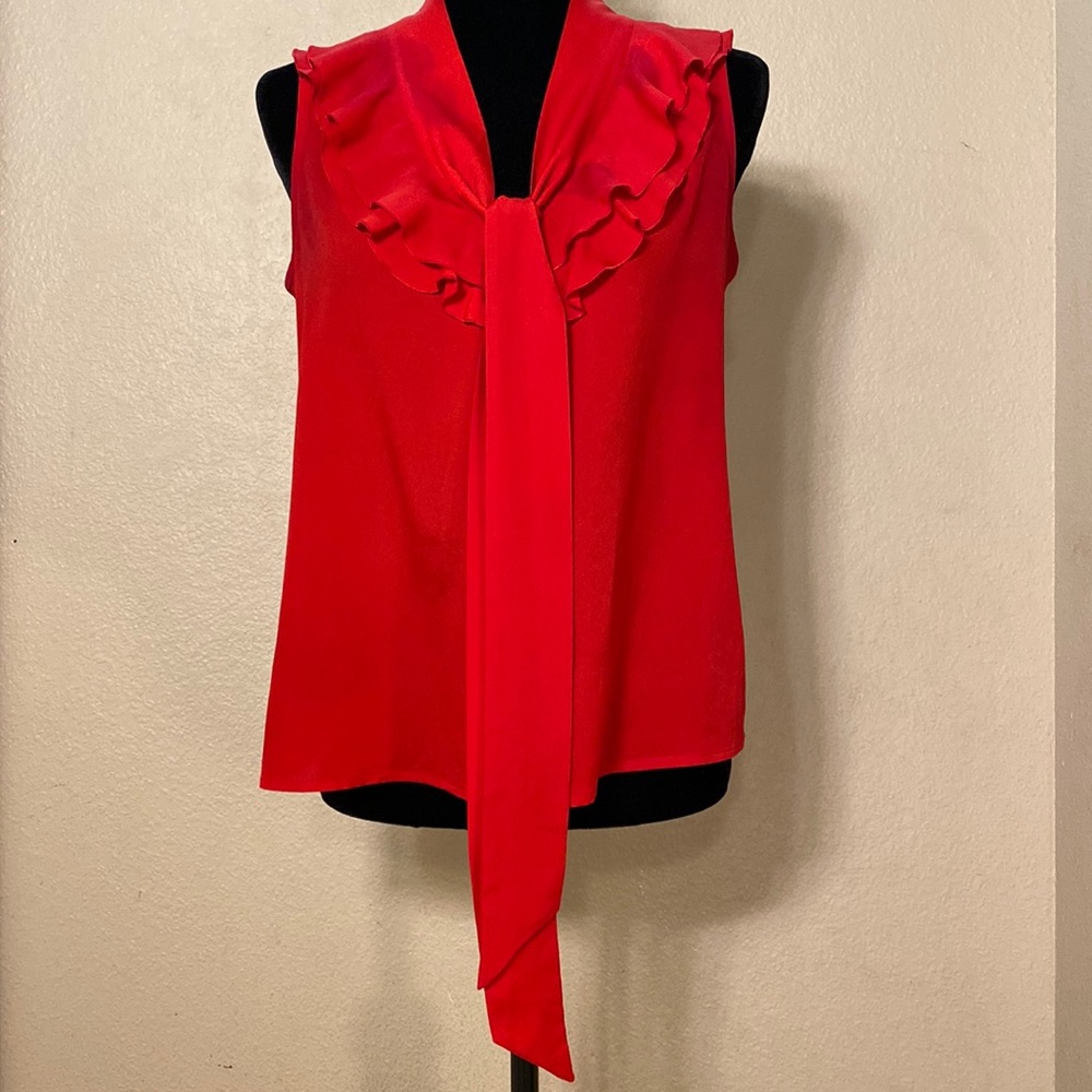 Loft Women’s Blouse, size Medium Petite, red, sleeveless, ruffles